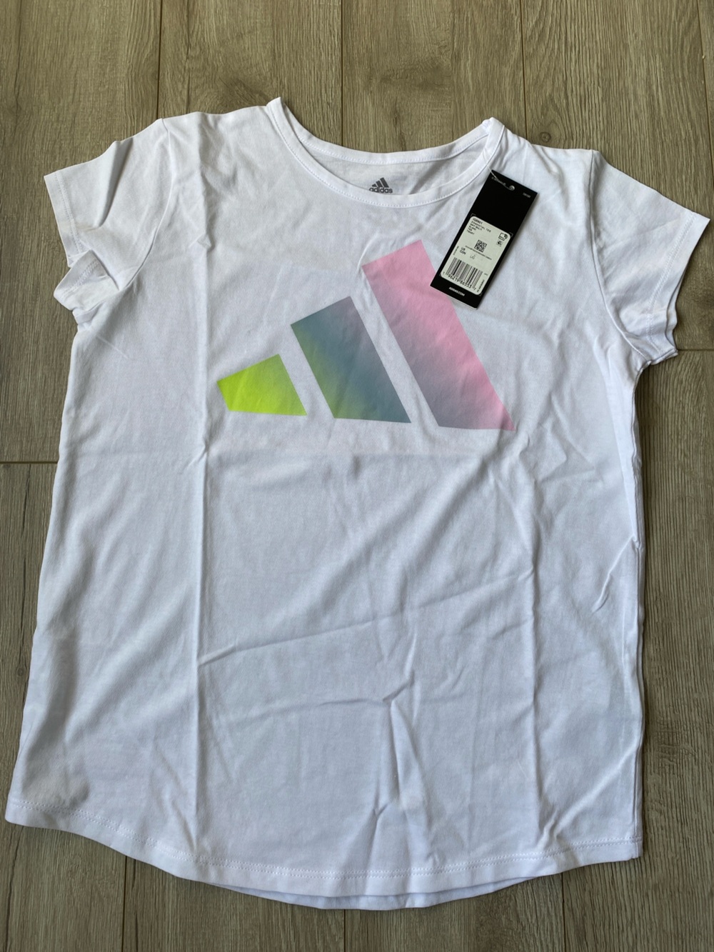 adidas White Tee with Neon Yellow, Gray and Pink Logo Tri-Stripes